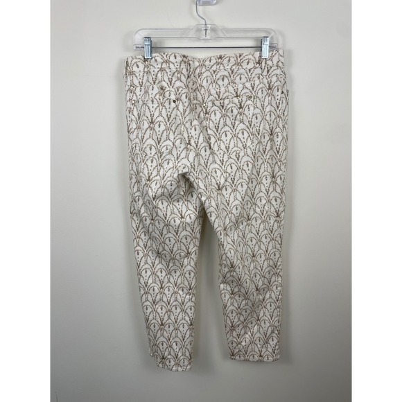 Chicos Pants Womens Size 1.5 (10) White Gold Art Deco Print Embellished Cropped - Picture 2 of 13